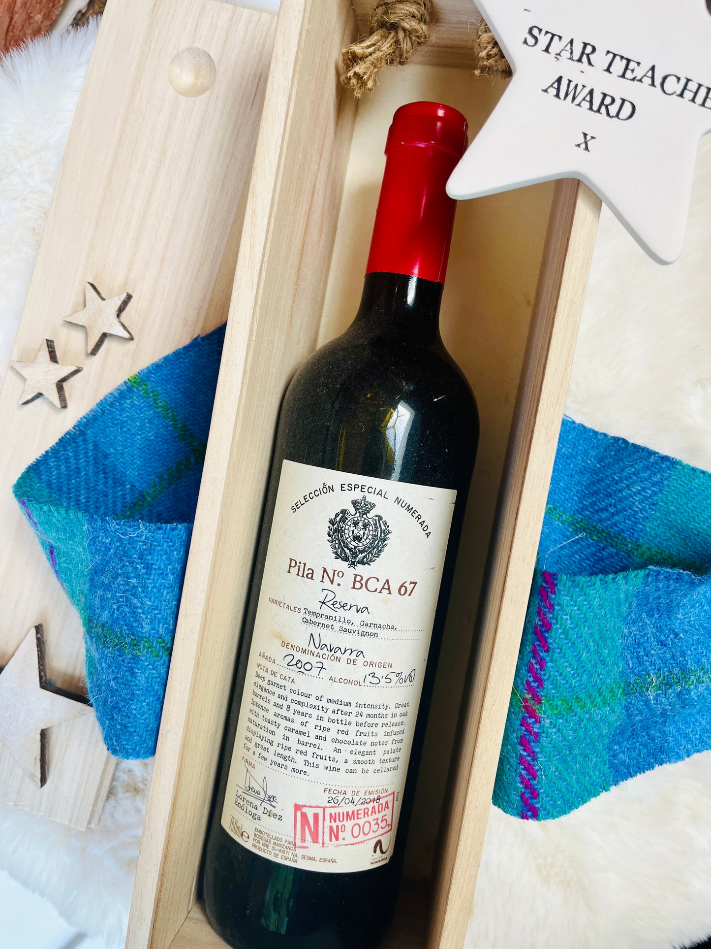 Personalised keepsake wine bottle box with Harris Tweed.