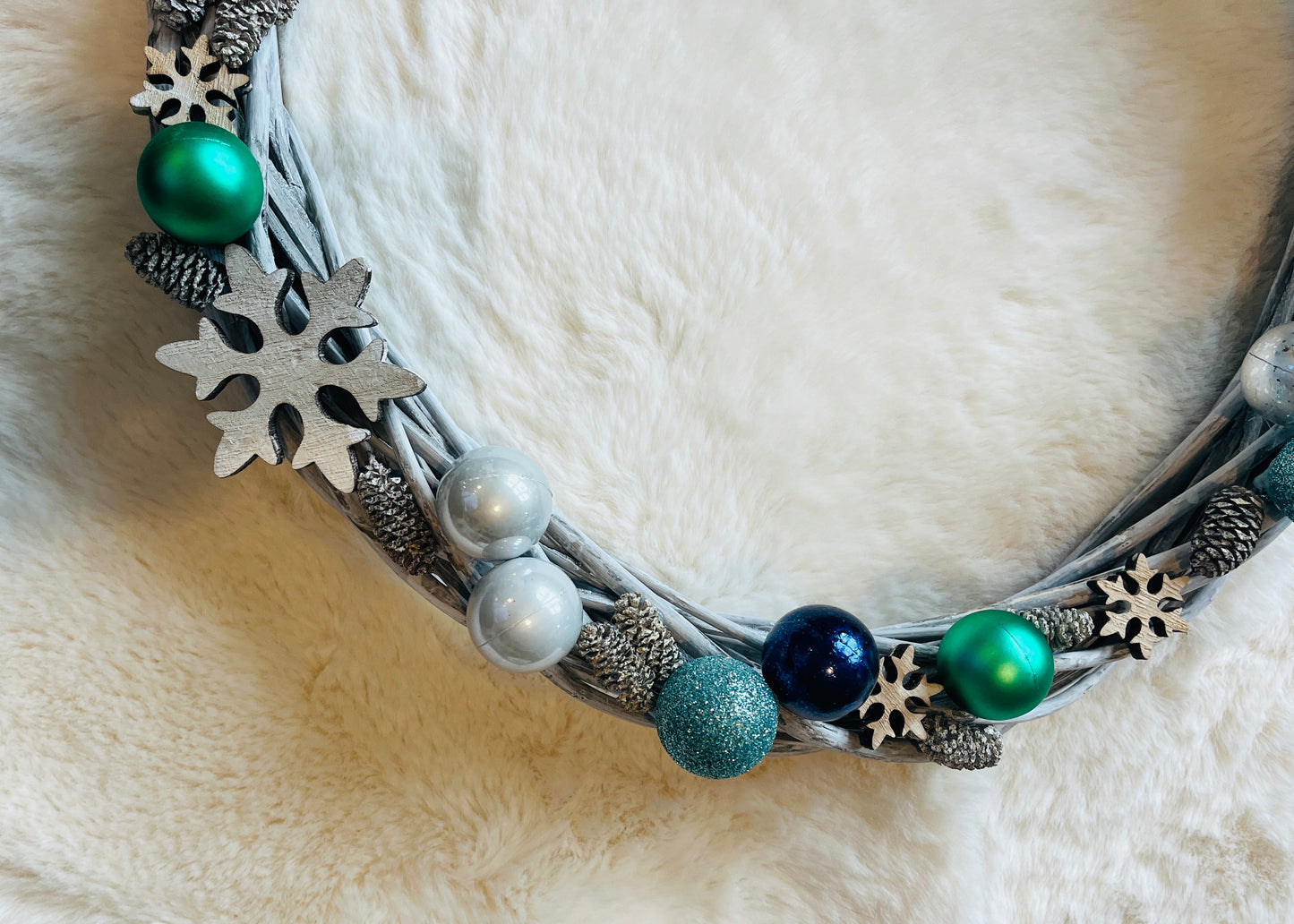 Blue Green Snowflake white washed willow wreath