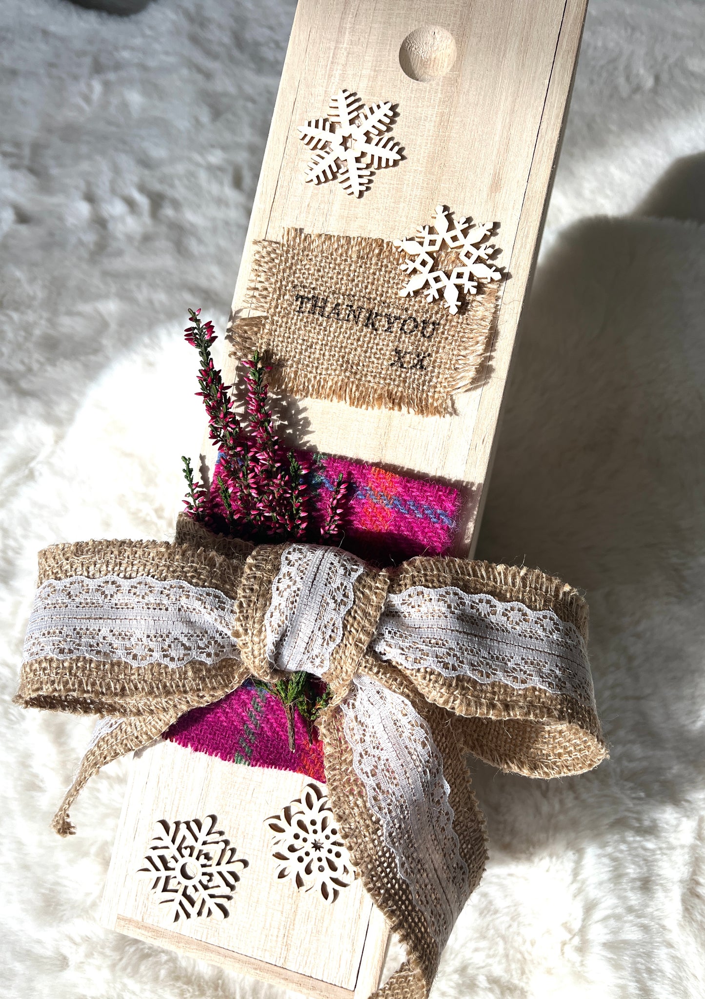 Personalised keepsake wine bottle box with Harris Tweed.