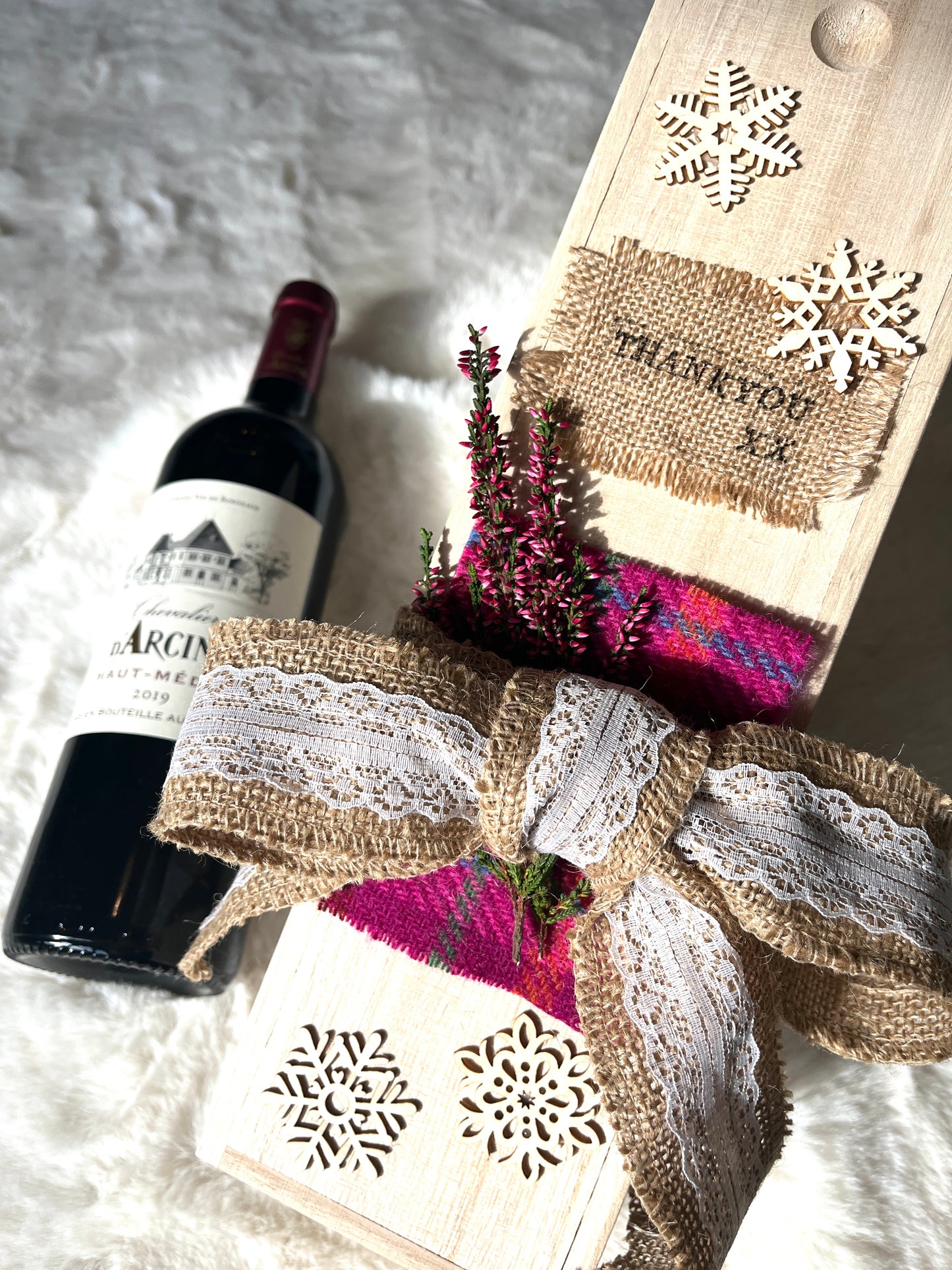 Personalised keepsake wine bottle box with Harris Tweed.