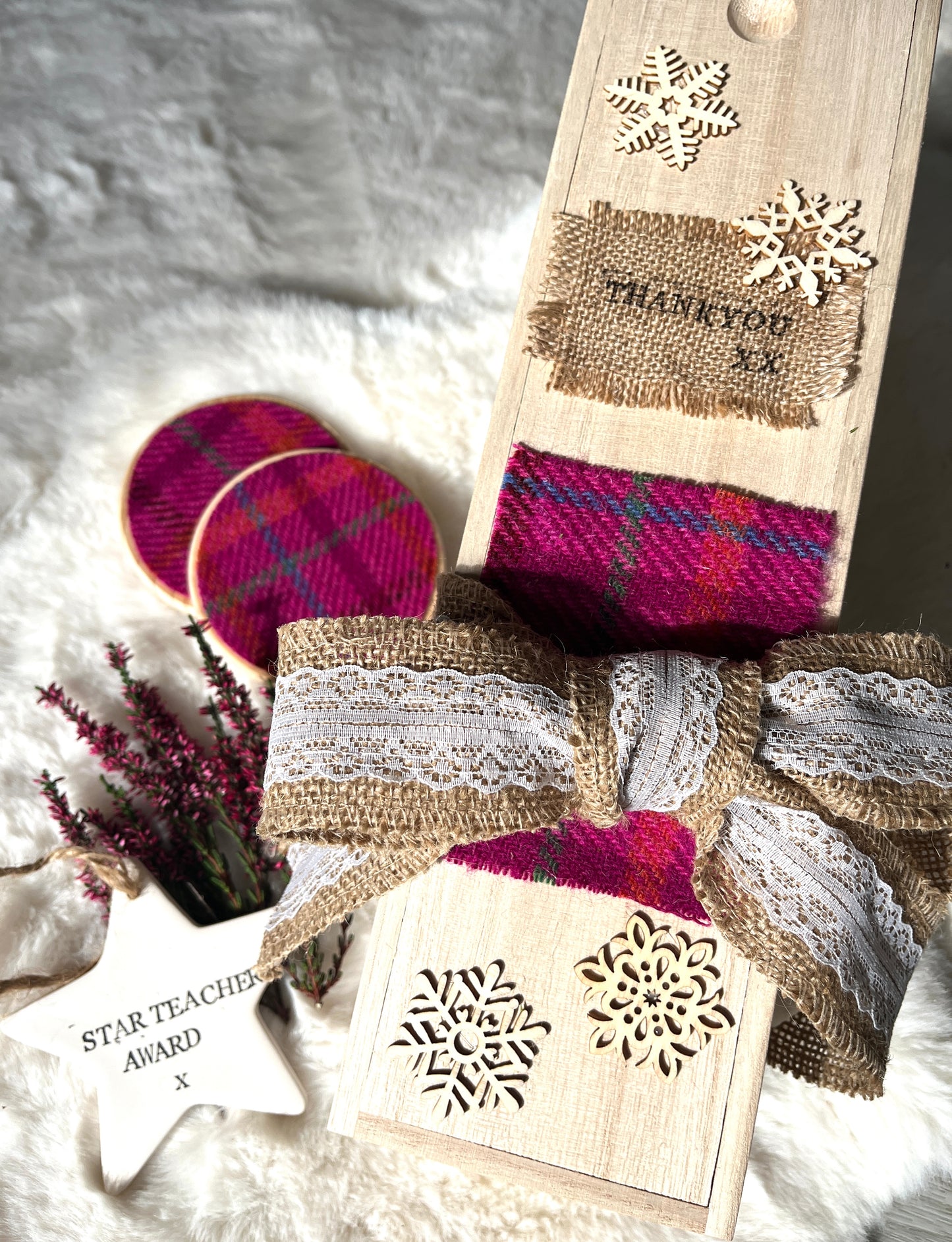 Personalised keepsake wine bottle box with Harris Tweed.
