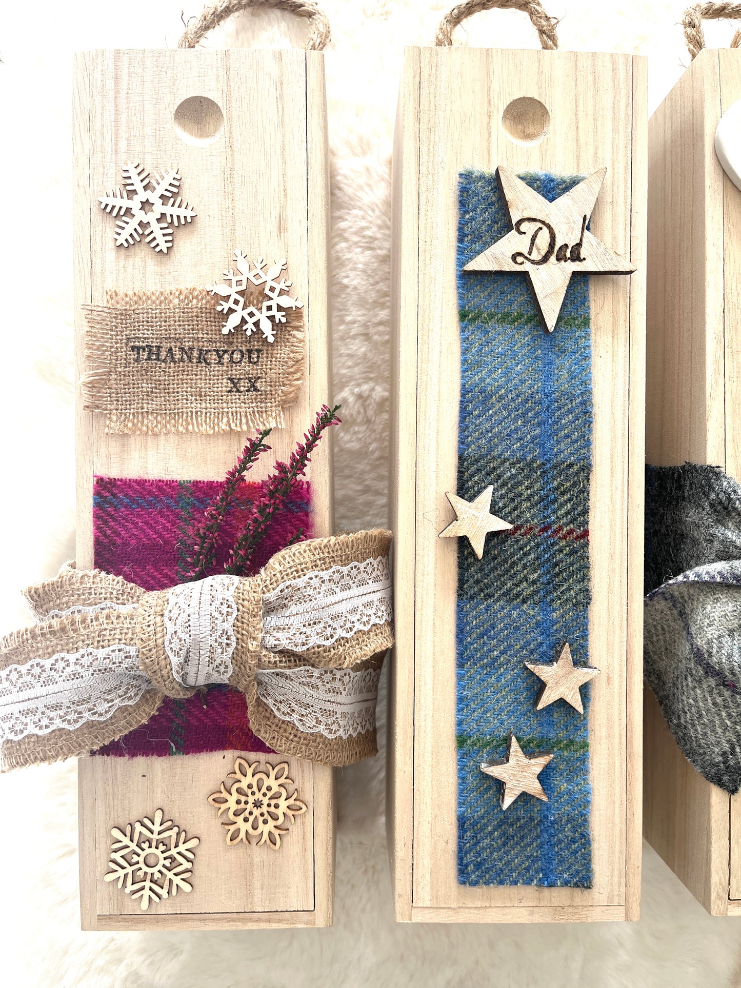 Personalised keepsake wine bottle box with Harris Tweed.