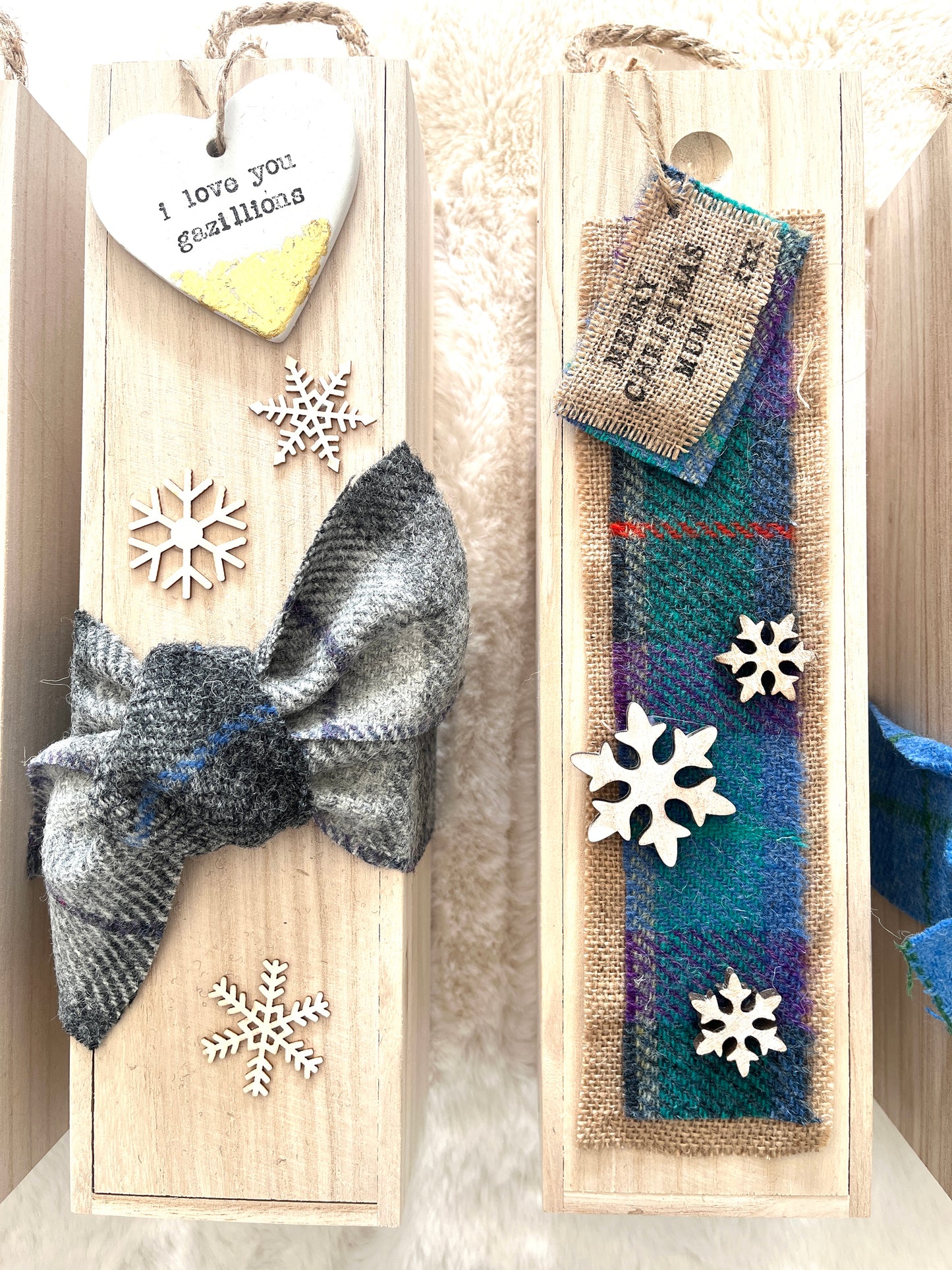 Personalised keepsake wine bottle box with Harris Tweed.