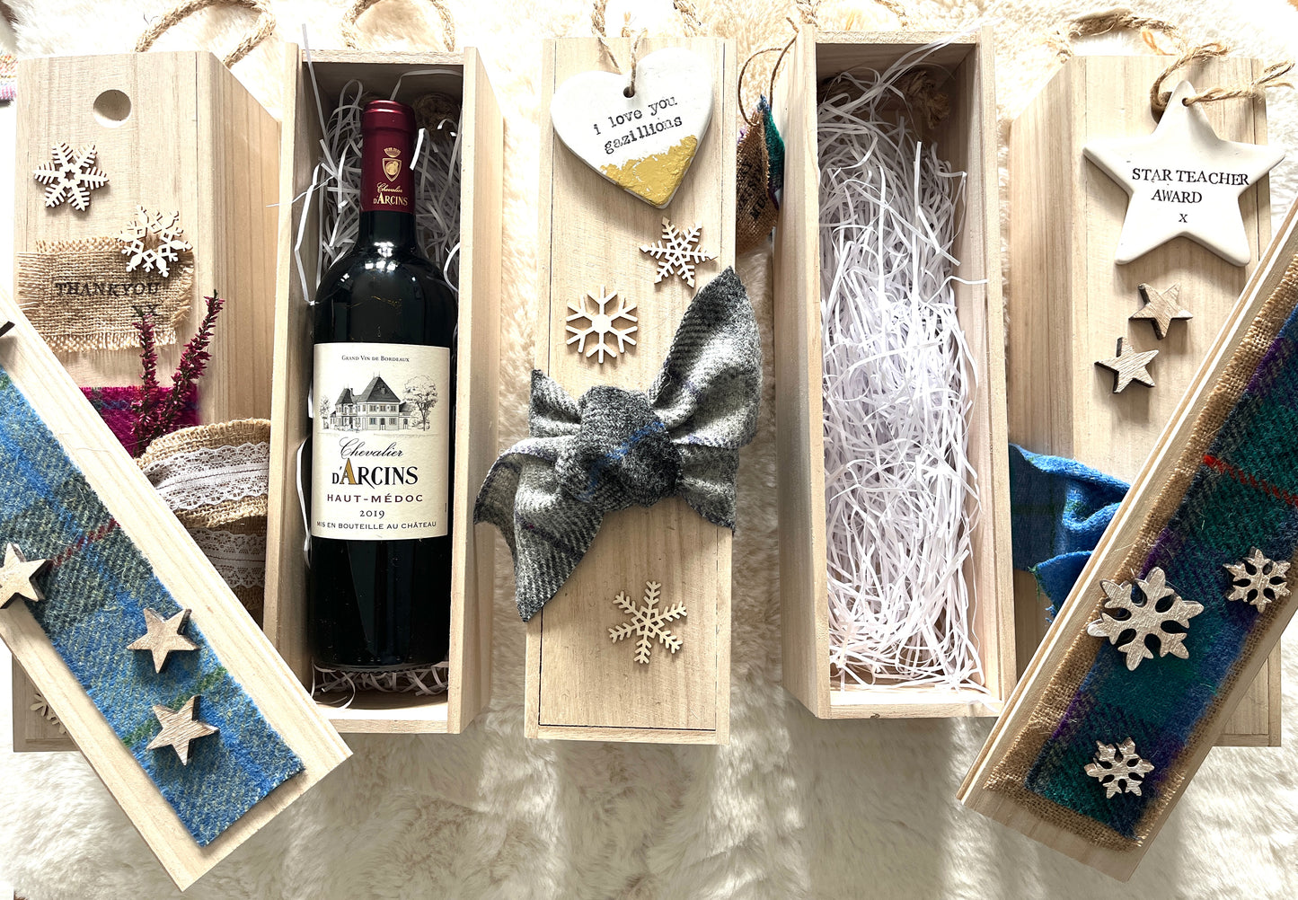 Personalised keepsake wine bottle box with Harris Tweed.