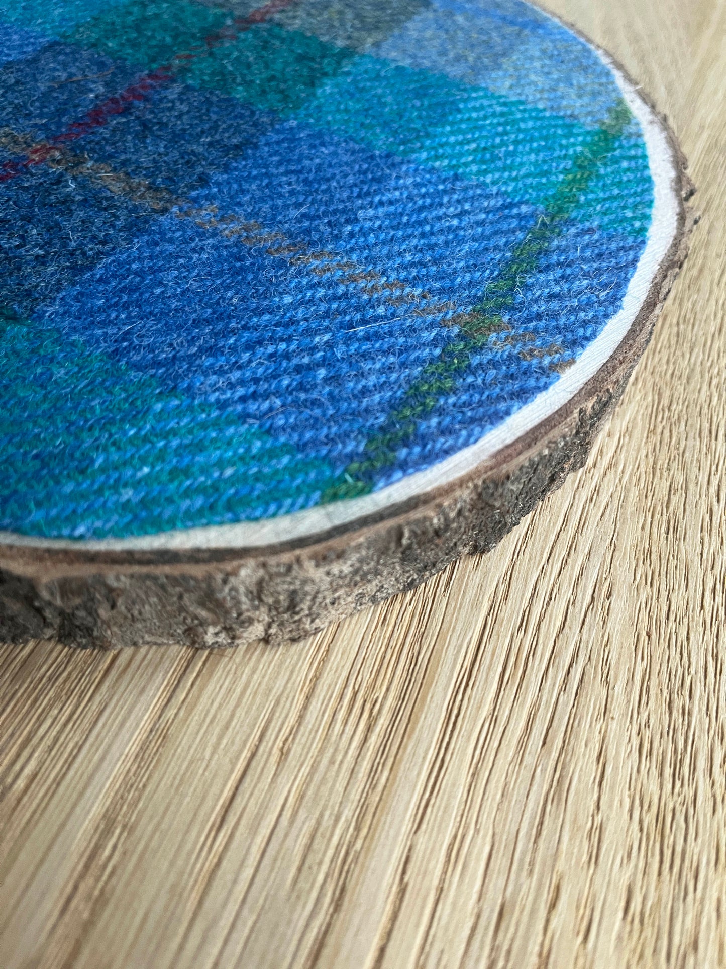Harris Tweed Wood Slice Centrepiece Mat and matching coaster set