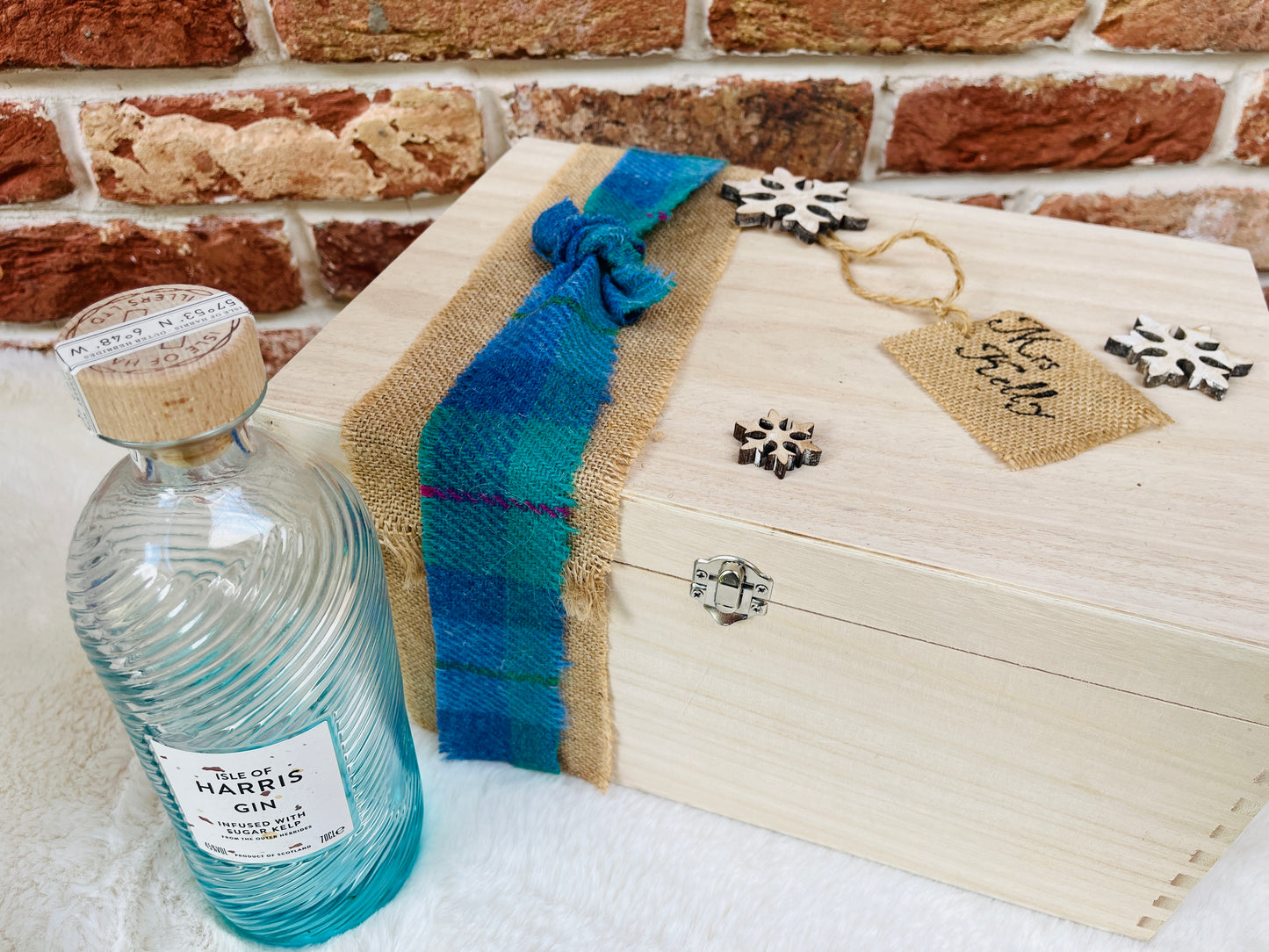 Personalised large wooden keepsake gift box with Harris Tweed