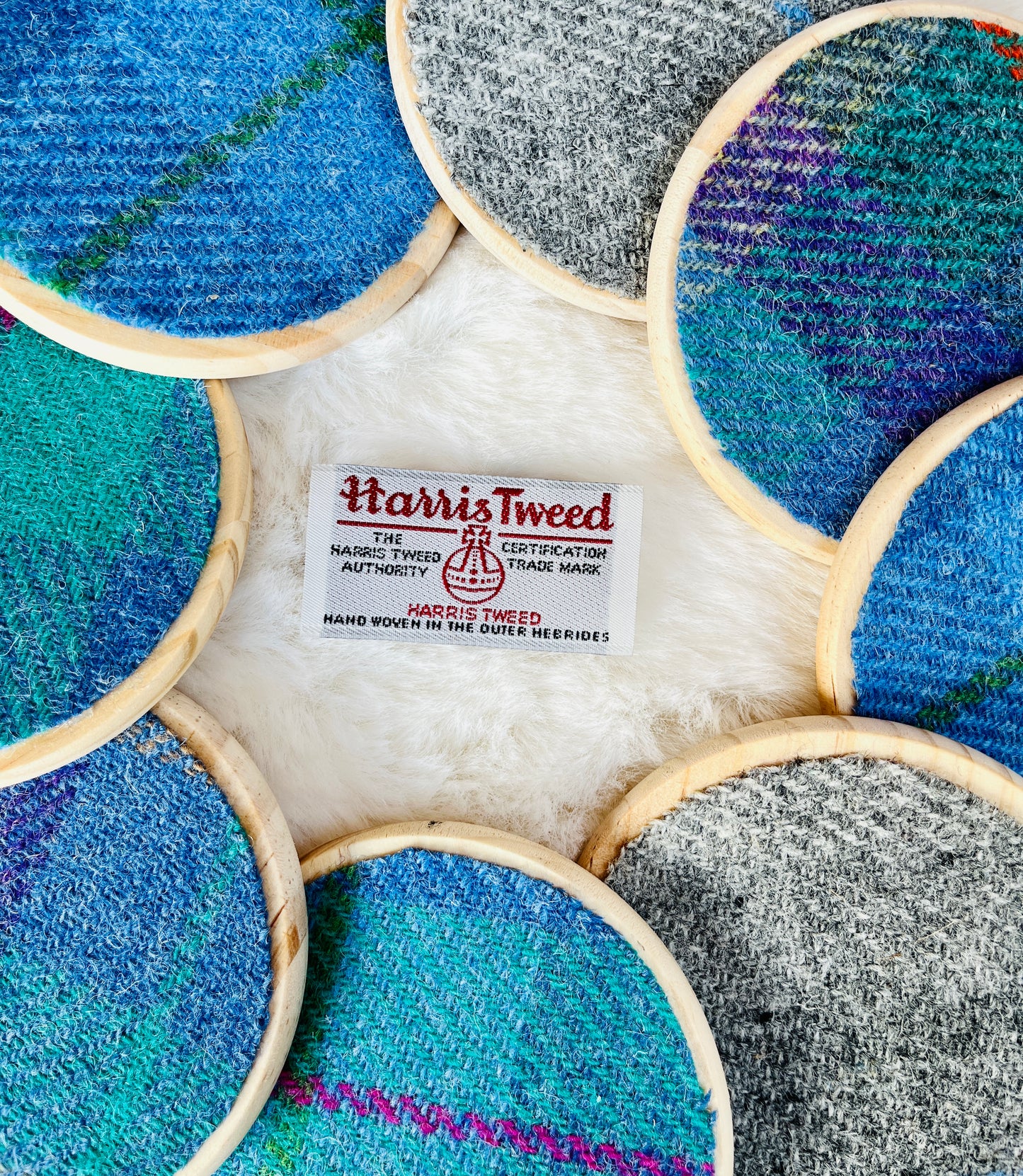 Harris Tweed and wooden coasters