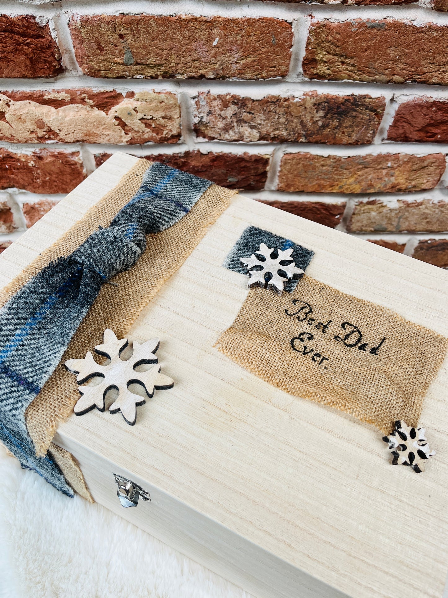 Personalised large wooden keepsake gift box with Harris Tweed