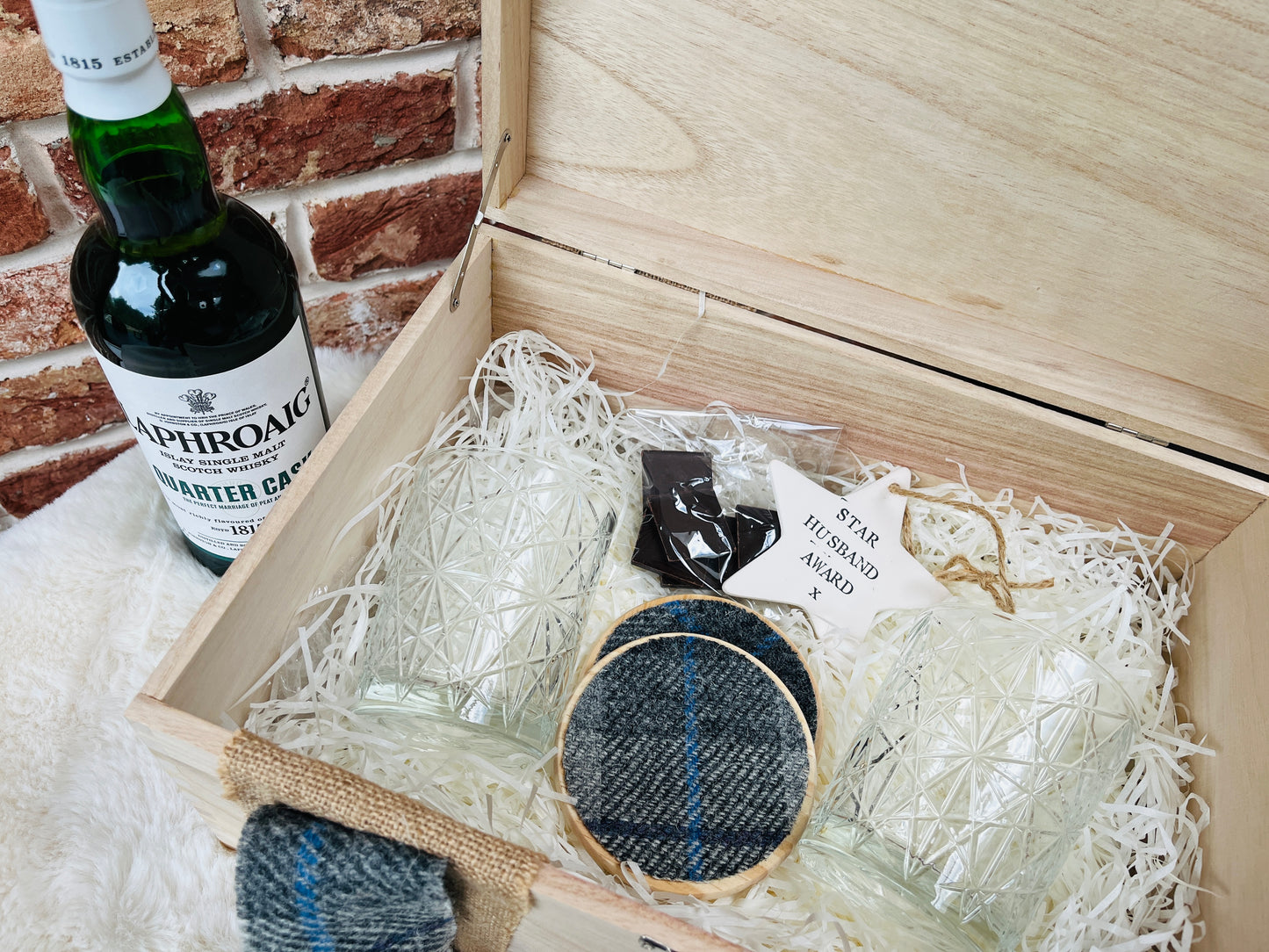 Personalised large wooden keepsake gift box with Harris Tweed