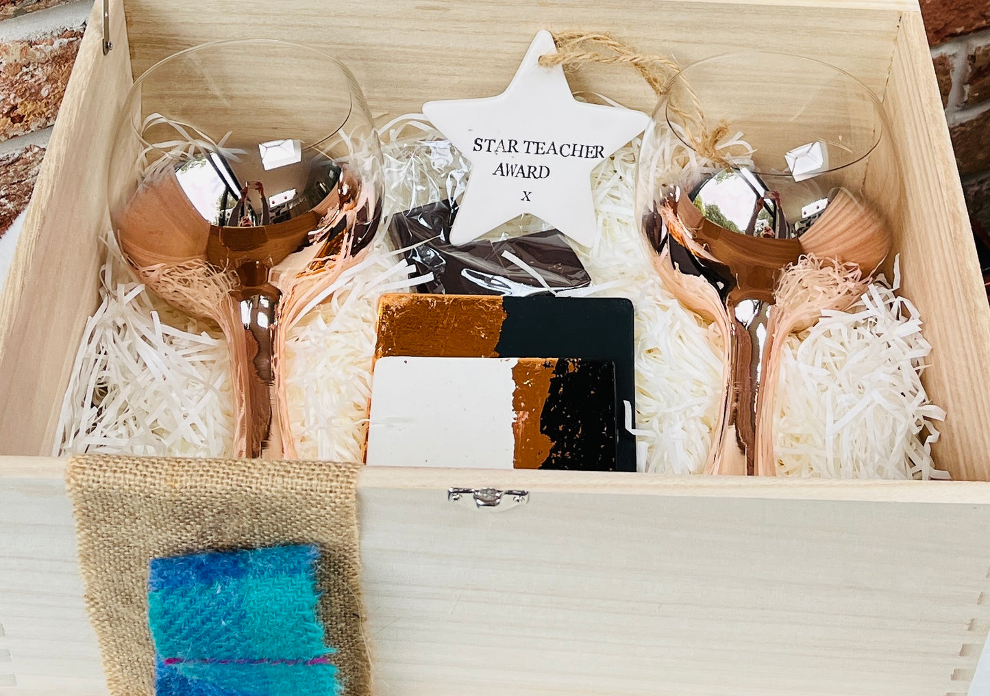 Personalised large wooden keepsake gift box with Harris Tweed
