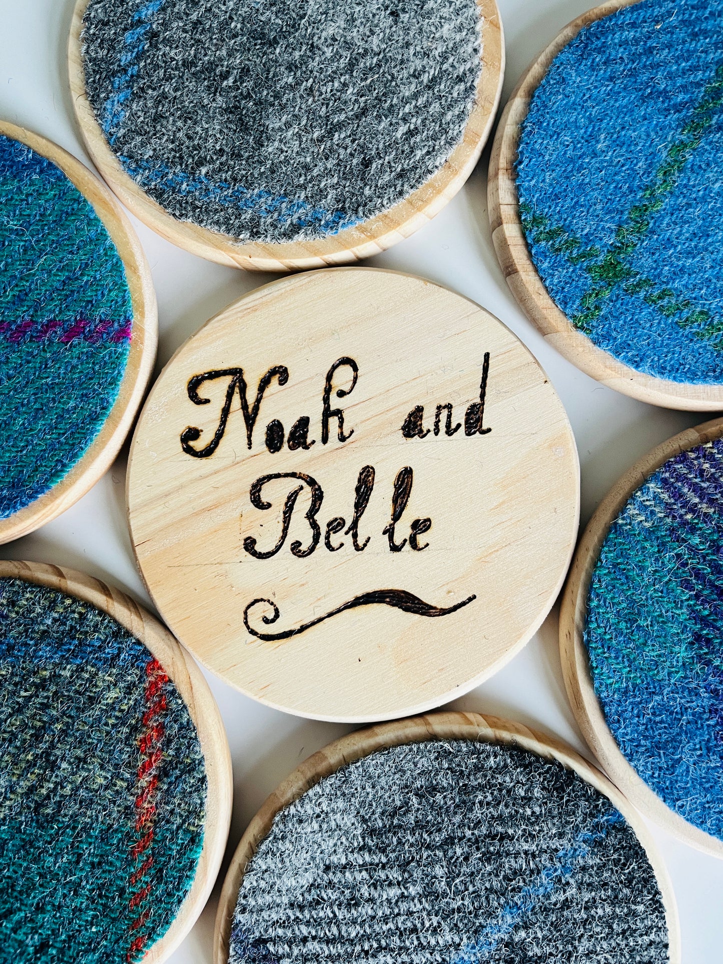 Harris Tweed and wooden coasters