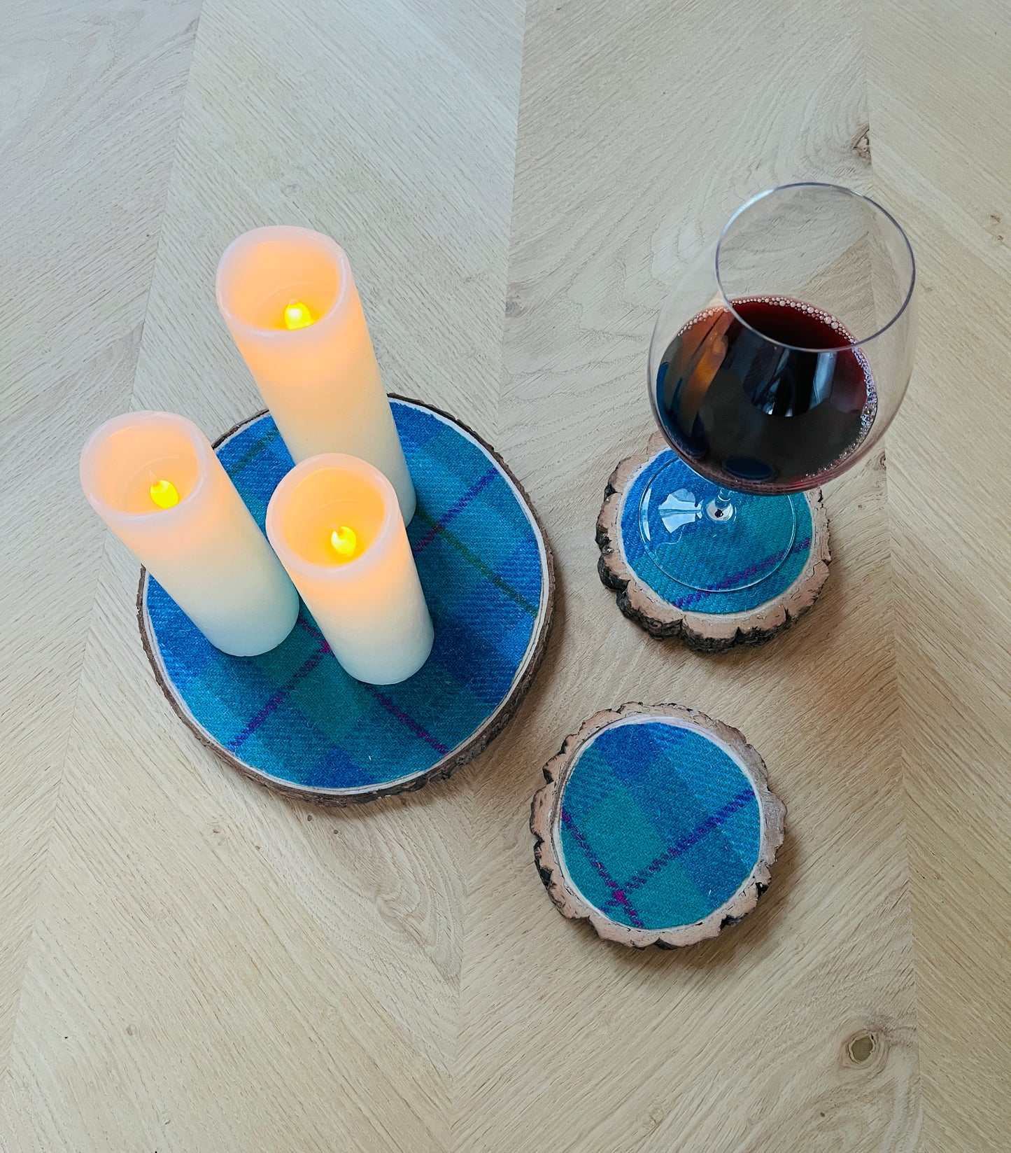 Harris Tweed Wood Slice Centrepiece Mat and matching coaster set