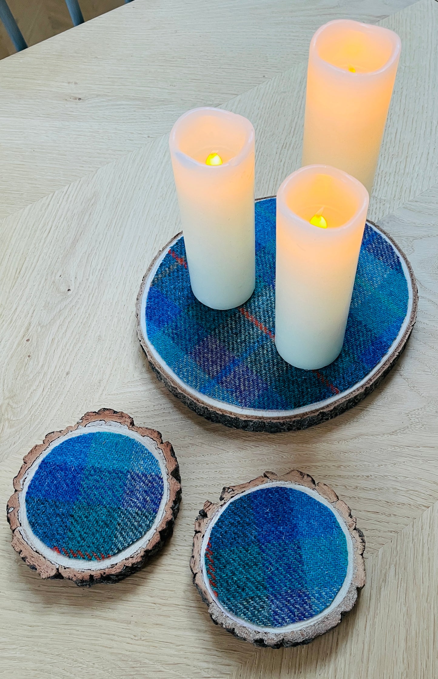 Harris Tweed Wood Slice Centrepiece Mat and matching coaster set