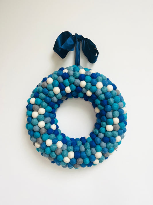Large felt pom pom wreath - all blues
