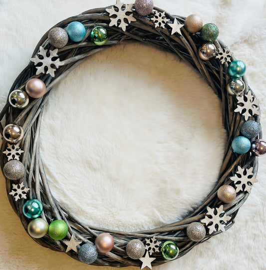 Large Pastel Bauble Snowflake Willow Wreath
