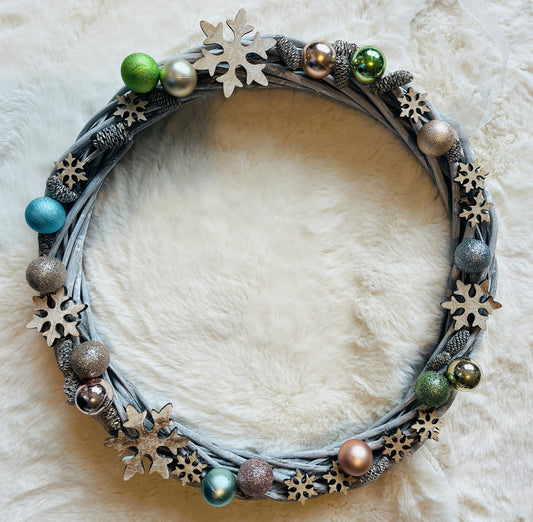 Pastel Snowflake White Washed Willow Wreath