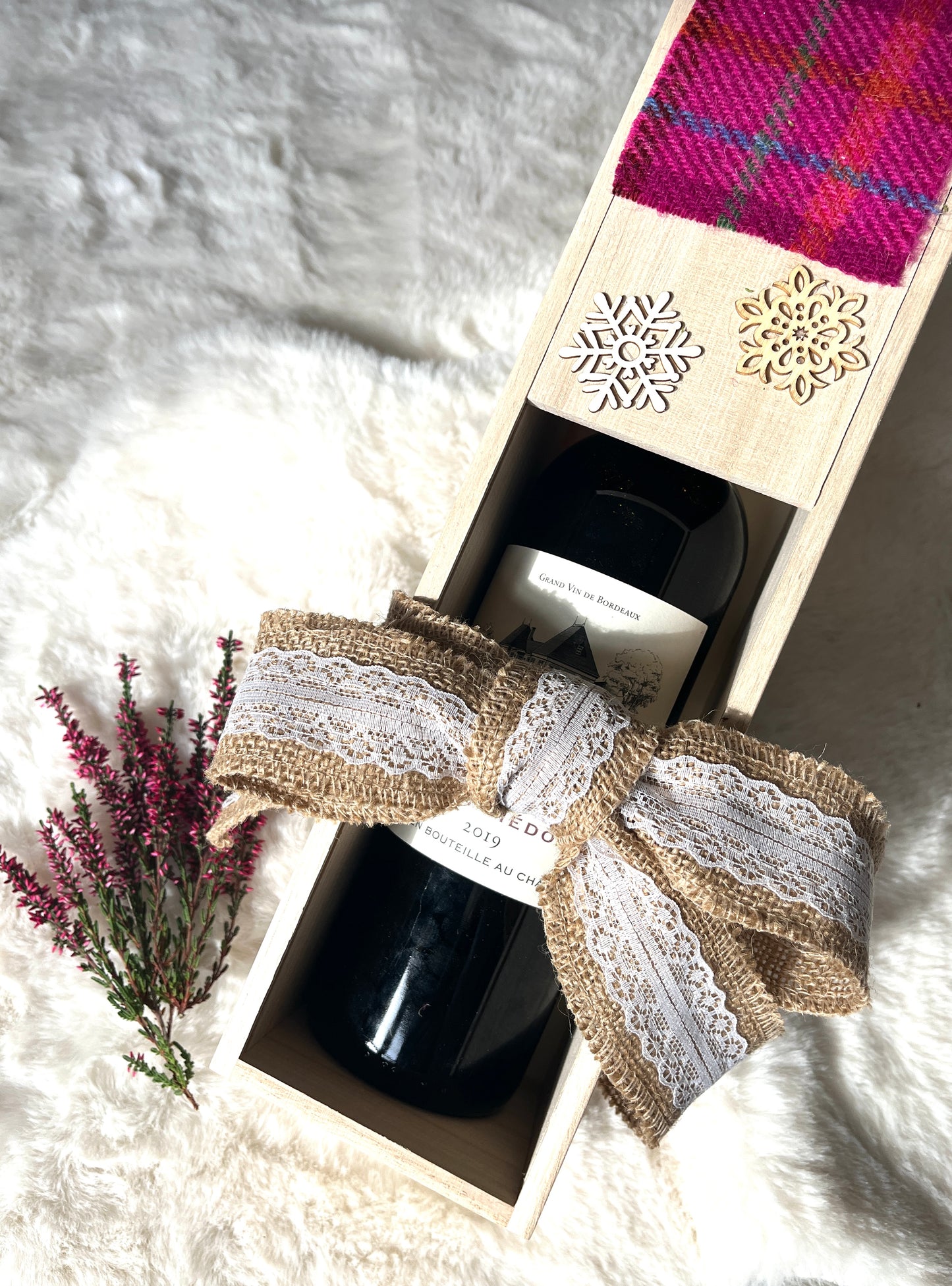 Personalised keepsake wine bottle box with Harris Tweed.