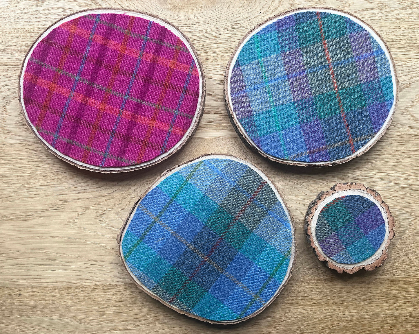 Harris Tweed Wood Slice Centrepiece Mat and matching coaster set
