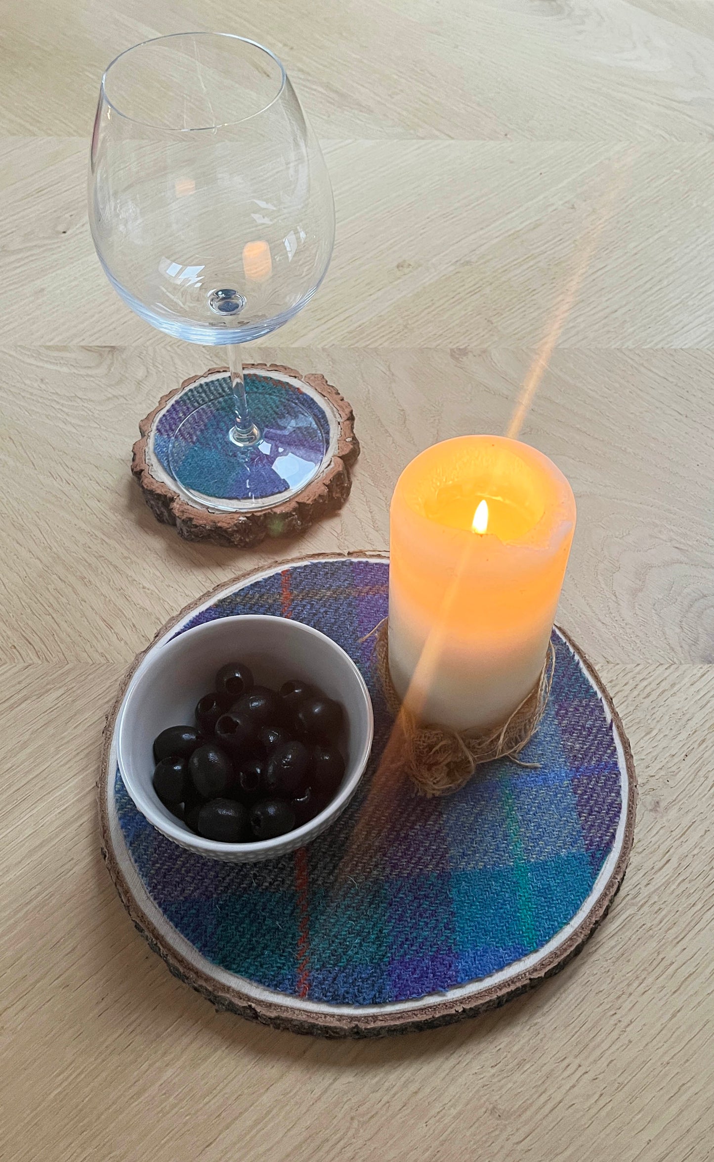 Harris Tweed Wood Slice Centrepiece Mat and matching coaster set
