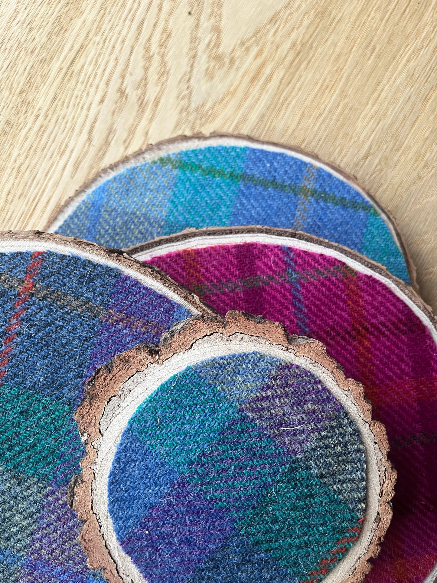 Harris Tweed Wood Slice Centrepiece Mat and matching coaster set