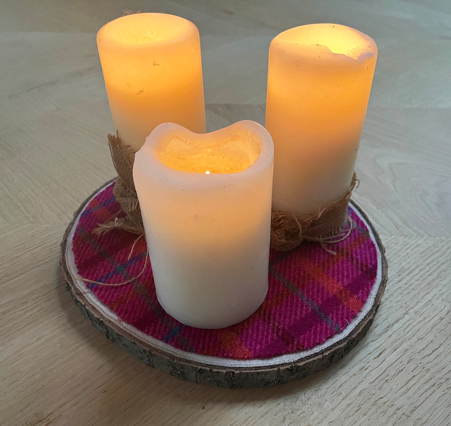 Harris Tweed Wood Slice Centrepiece Mat and matching coaster set