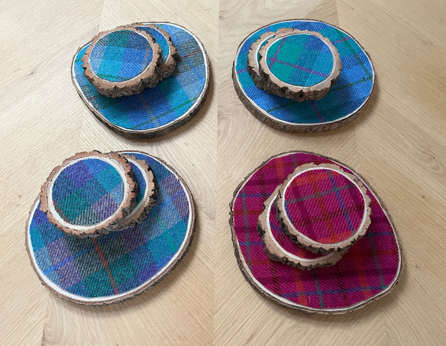 Harris Tweed Wood Slice Centrepiece Mat and matching coaster set