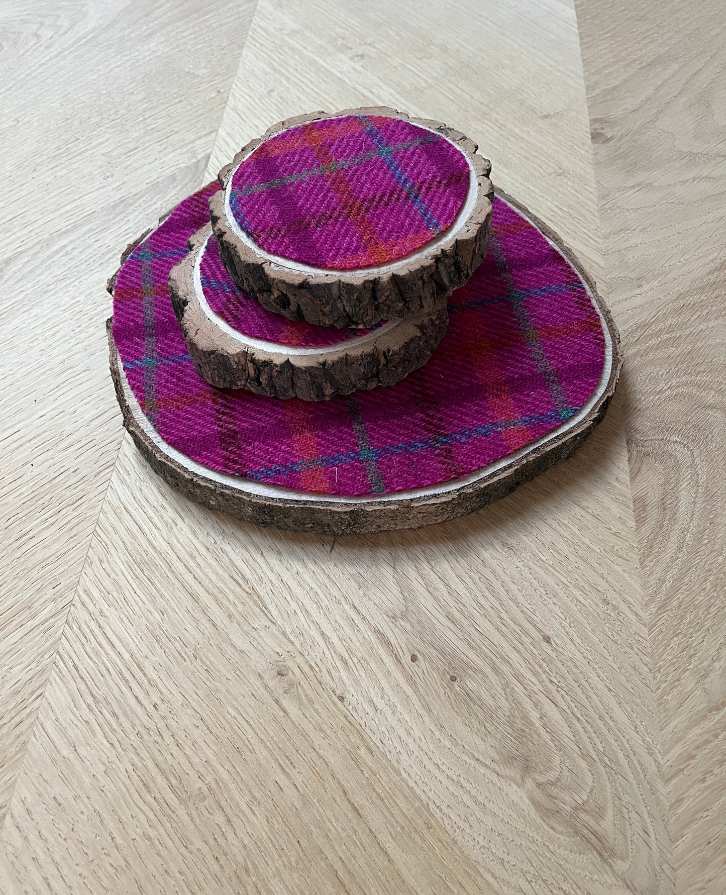 Harris Tweed Wood Slice Centrepiece Mat and matching coaster set