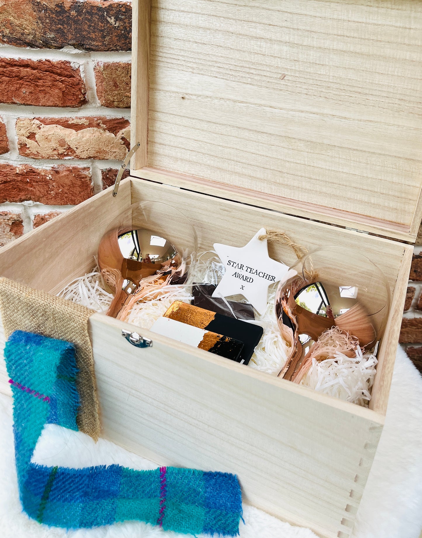 Personalised large wooden keepsake gift box with Harris Tweed