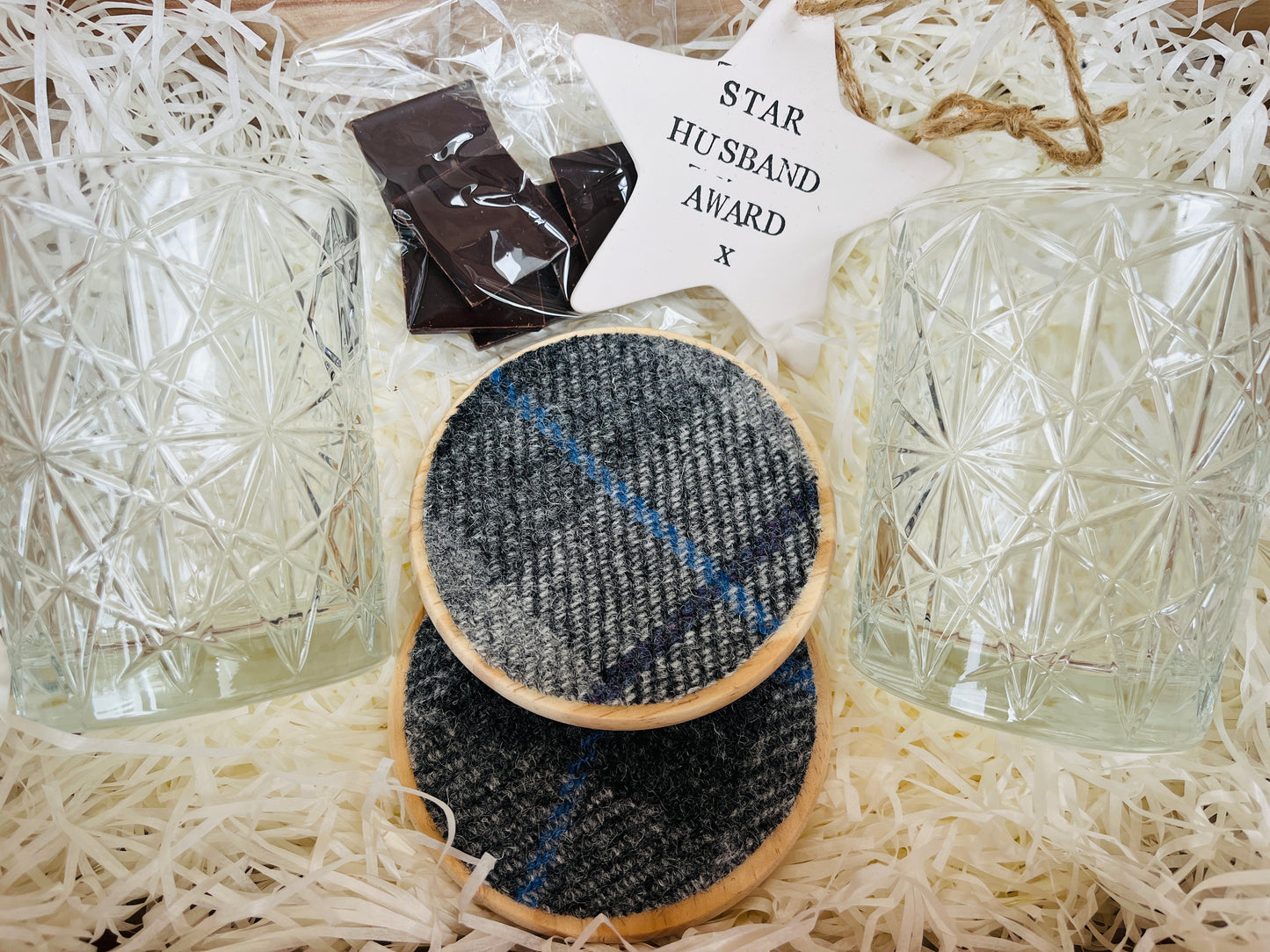 Personalised large wooden keepsake gift box with Harris Tweed