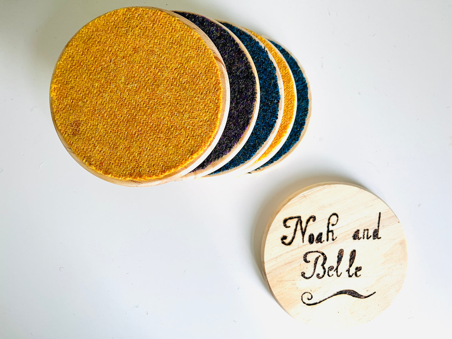 Harris Tweed and wooden coasters