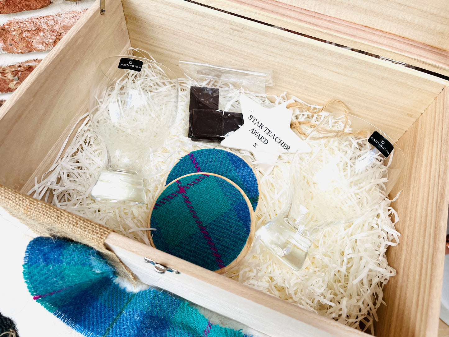 Personalised large wooden keepsake gift box with Harris Tweed