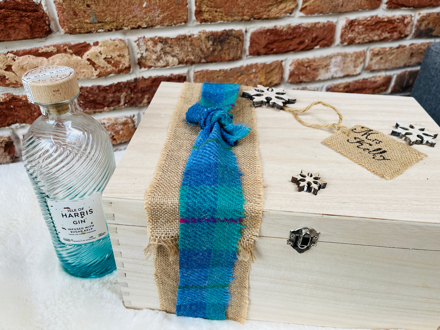Personalised large wooden keepsake gift box with Harris Tweed